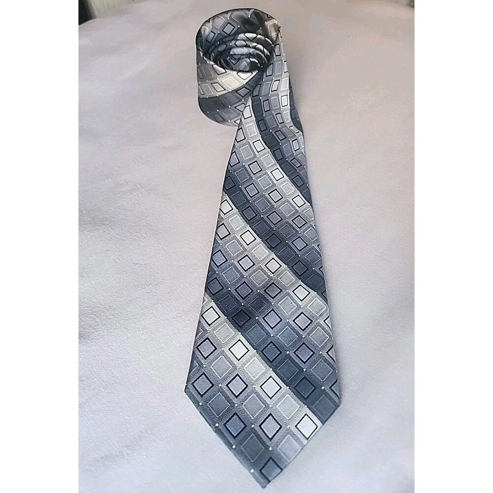 Calvin Klein 100% Silk Tie Gray And Black Checked Stripes. Timeless Piece.